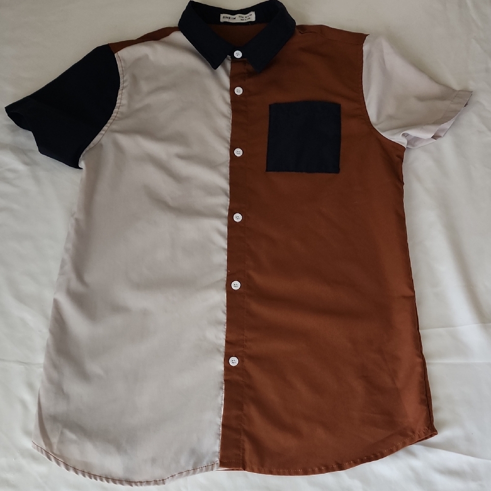 Boy's SHEIN Navy, Off White  and Brown Color Block Shirt